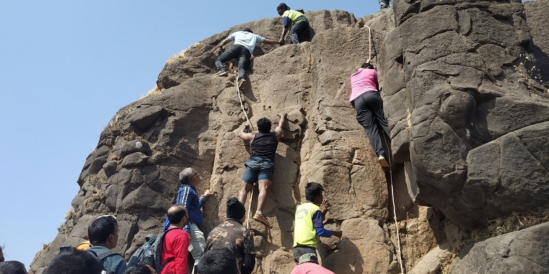 Ropes used to climb rocky patch on Kalavantin Durg Trek